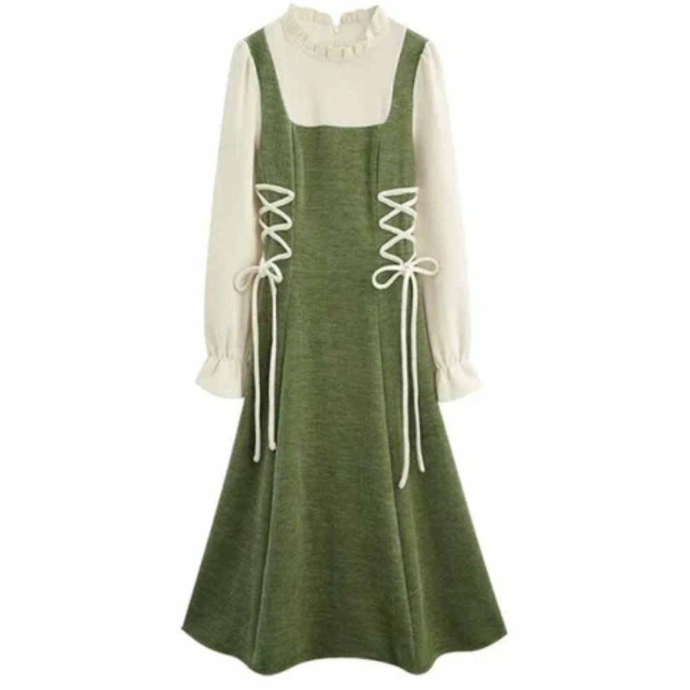 Cottage Core Ren Faire Green and Cream Dress